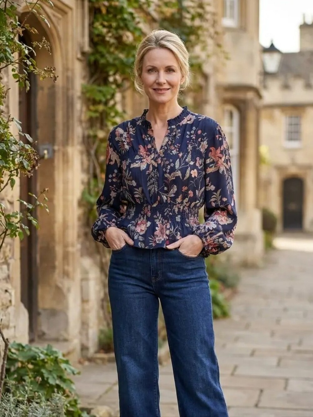 Smocked Navy Floral Long-Sleeve Peasant Top